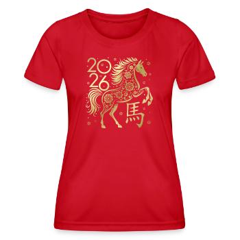 Chinesisches Neujahr des Pferdes 2026 - Frauen Funktions-T-Shirt - Rot - Vorne - AI Model Female 172 dark (172cm)