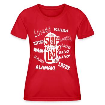 SINGAPORE SLANG, SINGLISH ~ WHITE WORDINGS - Women's Functional T-Shirt - red - Front - AI Model Female 172 dark (172cm)