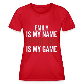 Emily ist mein Name Verderben ist mein Spiel - Frauen Funktions-T-Shirt - Rot - Vorne - AI Model Female 172 dark (172cm)