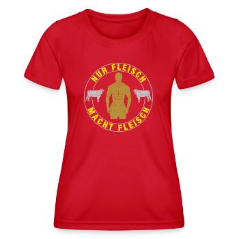 "Nur Fleisch macht Fleisch" Fitness, Kraftsport - Frauen Funktions-T-Shirt - Rot - Vorne - AI Model Female 172 dark (172cm)