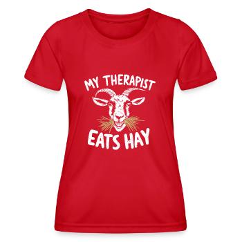 Humour de chèvre – Mon thérapeute mange du foin - T-shirt sport Femme - rouge - Devant - AI Model Female 172 dark (172cm)