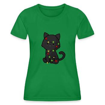 Cute Black Cat with xmas lights, Kawaii Cats - Women's Functional T-Shirt - kelly green - Front - AI Model Female 172 dark (172cm)