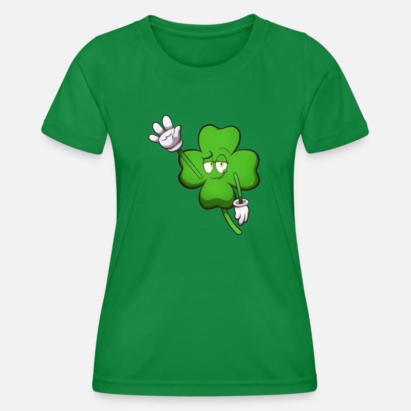 Four-Leaf Clover Character Waving - Women's Functional T-Shirt - kelly green