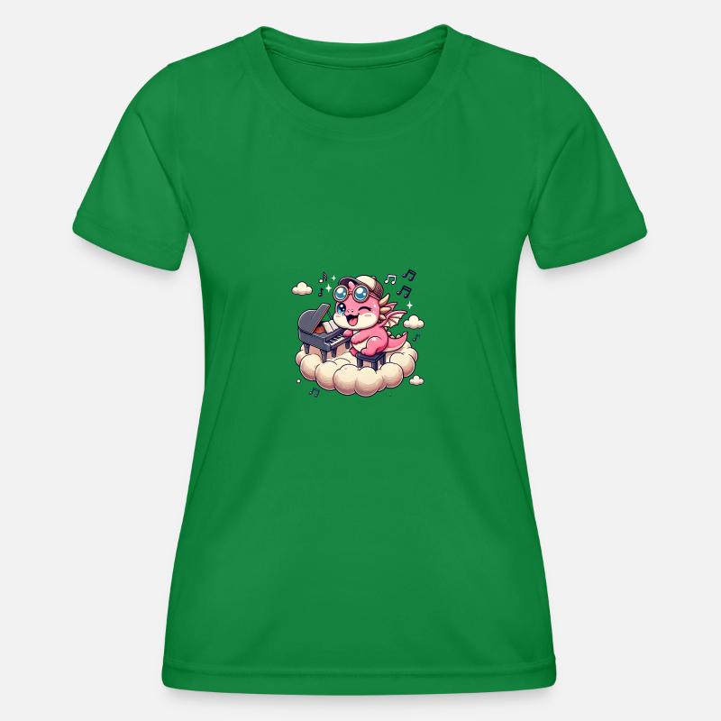 Cute pink dragon playing piano on a cloud - Women's Functional T-Shirt - kelly green
