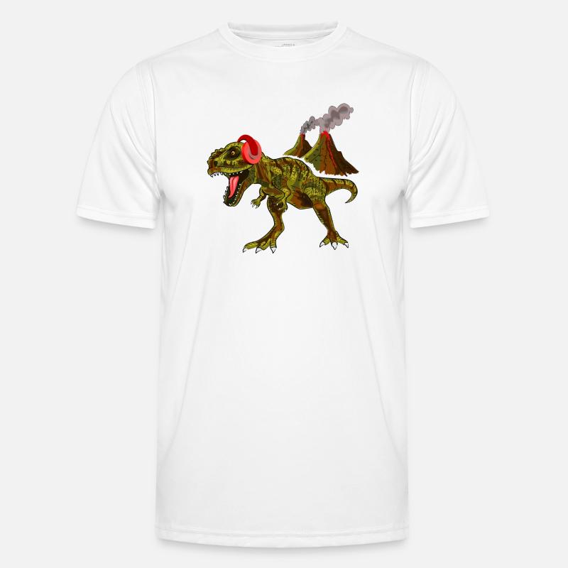 Dinosaurier mit Kopfhörern vor Vulkan Männer Funktions-T-Shirt