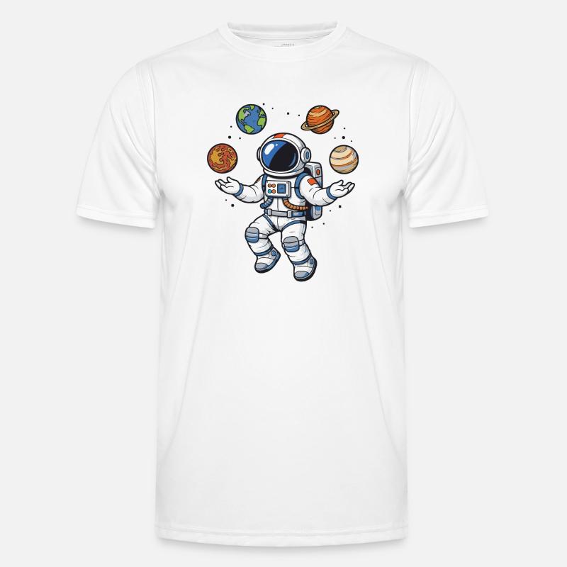 Floating astronaut with planets in comic style Men's Functional T-Shirt