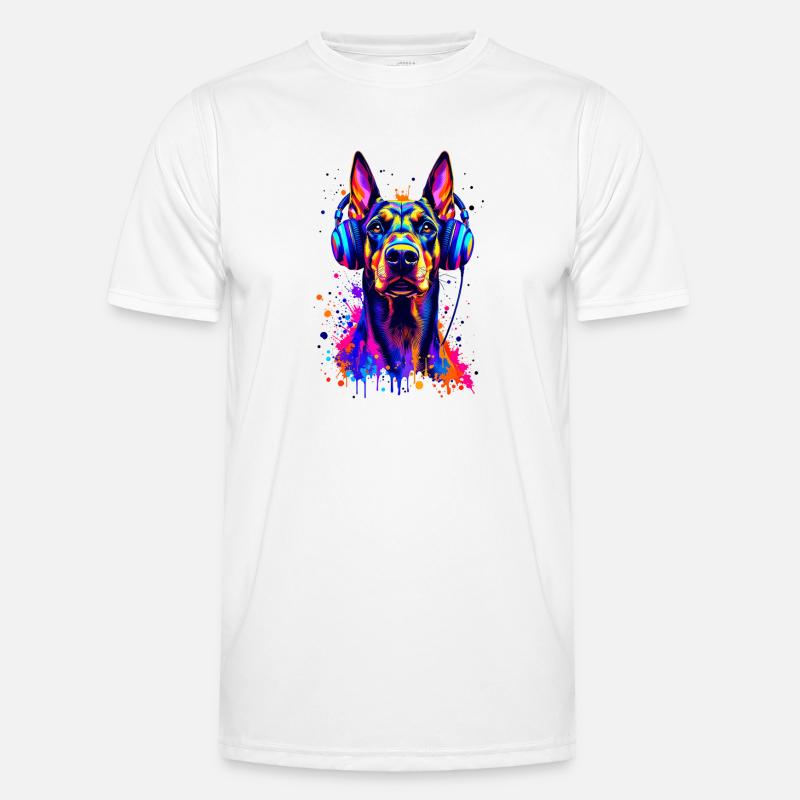 Dobermann mit Kopfhörern - Männer Funktions-T-Shirt - Weiß