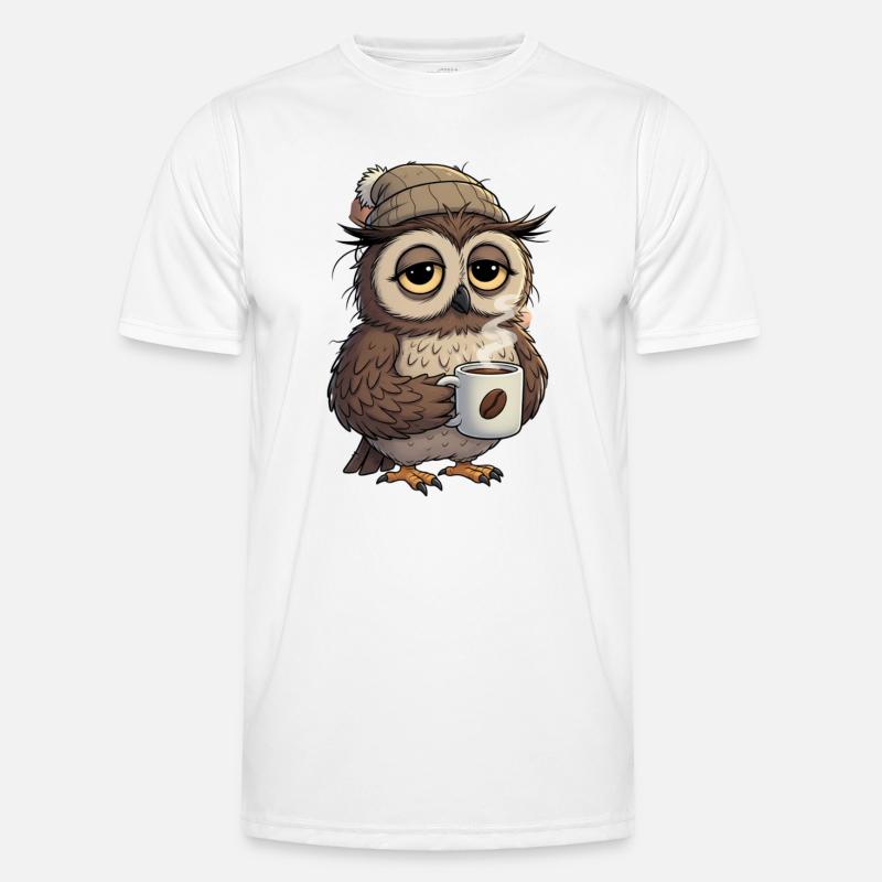 Verschlafene Eule Mit Kaffeetasse Cartoon - Männer Funktions-T-Shirt - Weiß