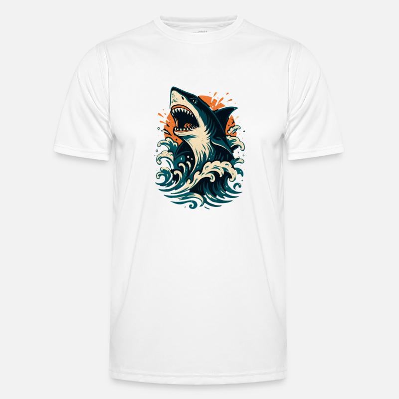 Shark roars through orange waves - Men's Functional T-Shirt - white