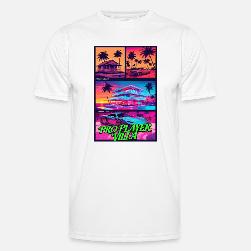 PROFISPIELER VILLA - Neon Synthwave Gaming Art - Männer Funktions-T-Shirt - Weiß