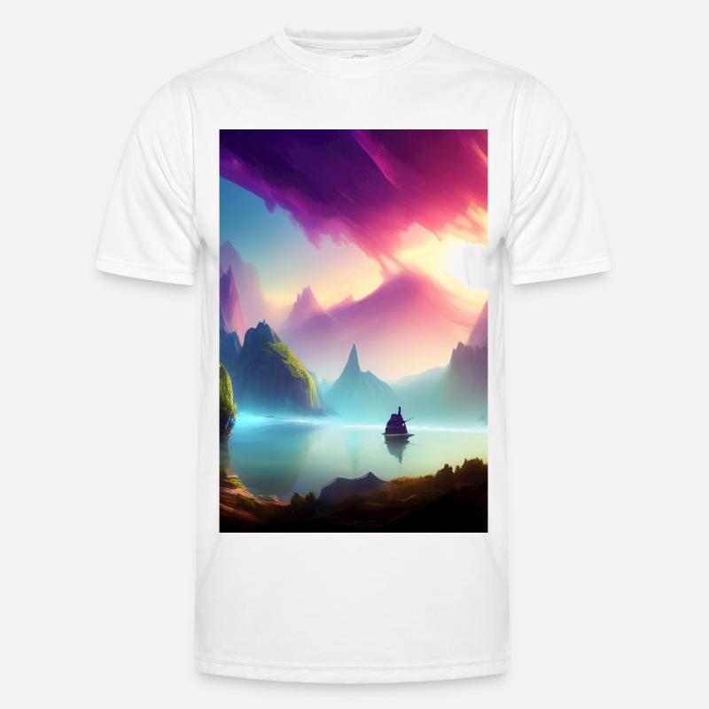 Landschaft mit See, Boot und Berge Männer Funktions-T-Shirt