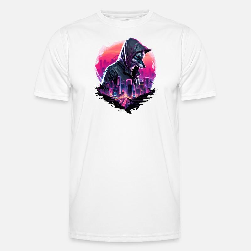 Synthwave Wolf mit Skyline - Männer Funktions-T-Shirt - Weiß