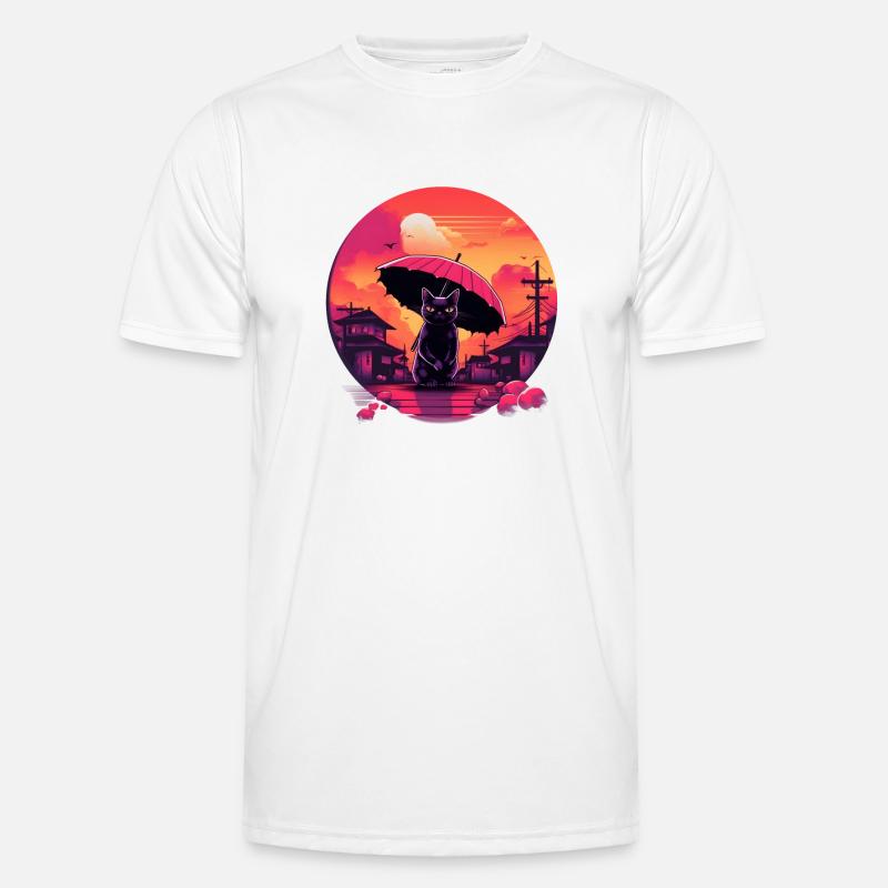 Synthwave japan Cat with umbrella Männer Funktions-T-Shirt