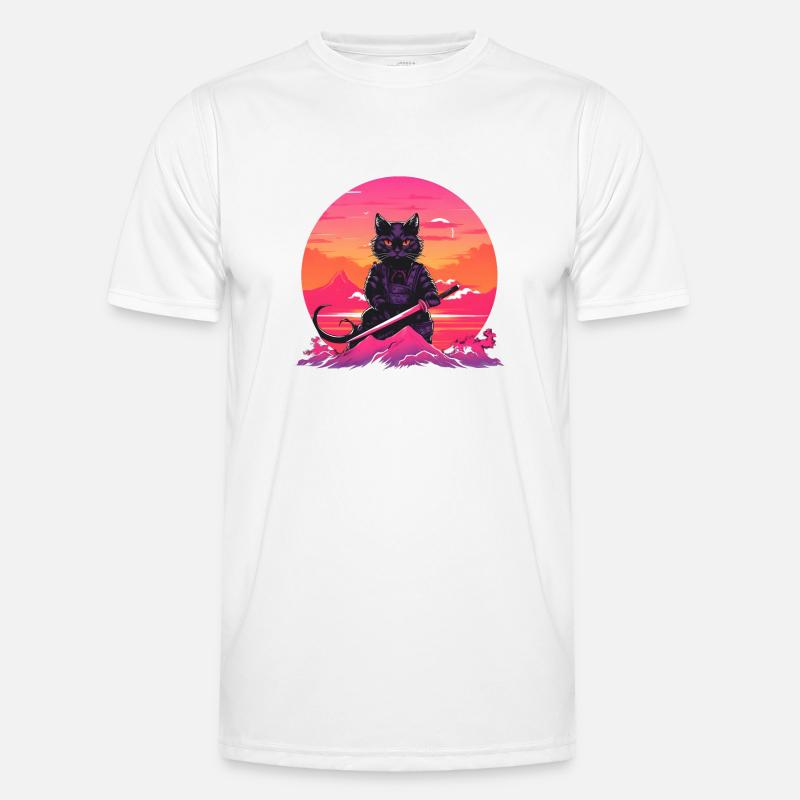 Synthwave samurai Cat with katana - Men's Functional T-Shirt - white
