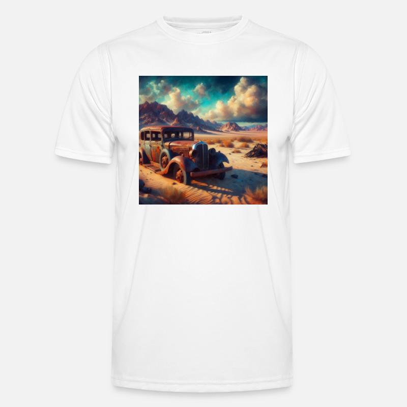 Oldtimer Wrack in der Wüste 2 Männer Funktions-T-Shirt