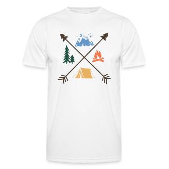 Happy camper,, fire, woods, mountain and tent desi - Men's Functional T-Shirt - white - Front - AI Model Male 178 dark (178cm)