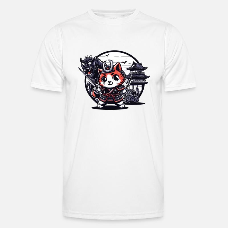 Samurai-Ninja-Katze hinter Monster und Dojo Männer Funktions-T-Shirt