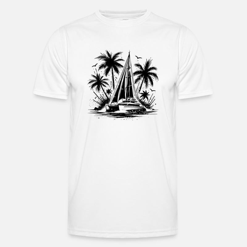 Palmen mit Doppelrumpf Katamaran Segleboot Männer Funktions-T-Shirt