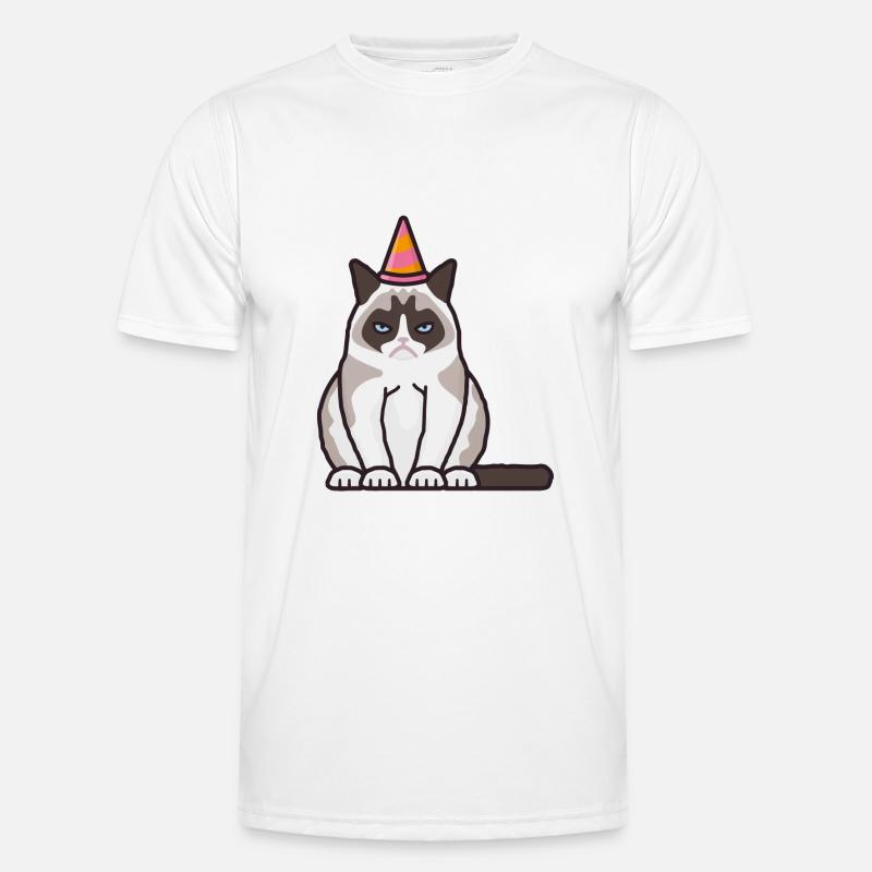 Grumpy, grim cat with party hat - Men's Functional T-Shirt - white