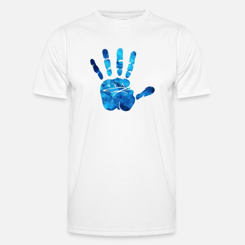 Hand blaue Polygone Männer Funktions-T-Shirt