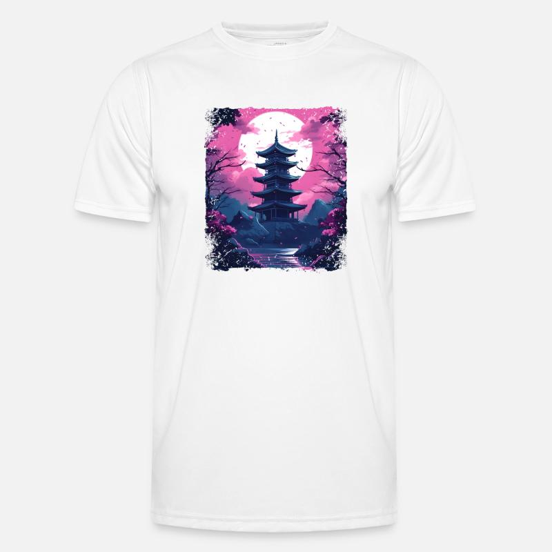 Sakura Cherry Blossom Tree in a Temple Vaporwave Men's Functional T-Shirt