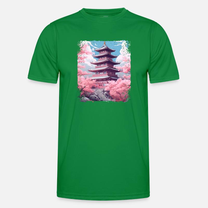 Kirschblüten-Sakura-Baum in einer Tempel-Dampfwelle Männer Funktions-T-Shirt