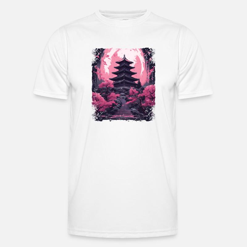 Kirschblüten-Sakura-Baum in einer Tempel-Dampfwelle Männer Funktions-T-Shirt
