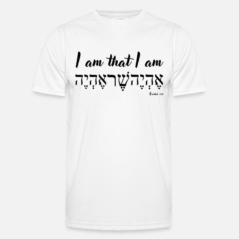 Ich bin, der ich bin, Englisch und Hebräisch, 2. Mose 3,14 Männer Funktions-T-Shirt