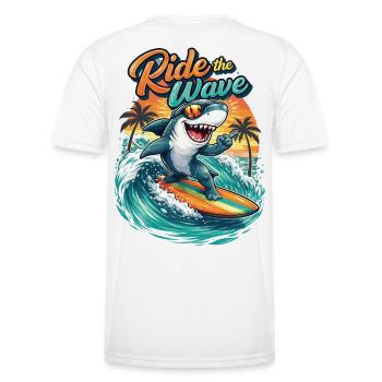 Ride the Wave: Surfer shark on a surfboard - Men's Functional T-Shirt - white - Back - AI Model Male 178 dark (178cm)