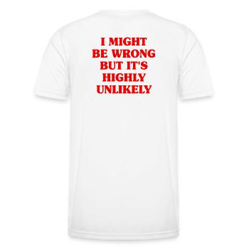 Je peux me tromper mais c’est un je-sais-tout très improbable - T-shirt sport Homme - blanc - Dos - AI Model Male 178 dark (178cm)