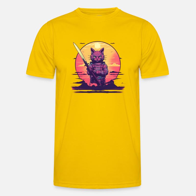 Synthwave samouraï Cat coucher de soleil T-shirt sport Homme