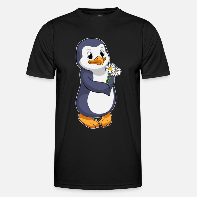 Pinguin mit Gänseblümchen - Männer Funktions-T-Shirt - Schwarz