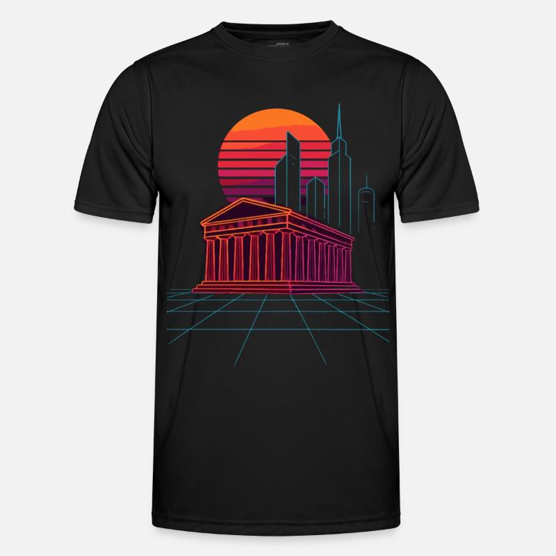 Neon Skyline Meets Ancient Columns - Athens Men's Functional T-Shirt