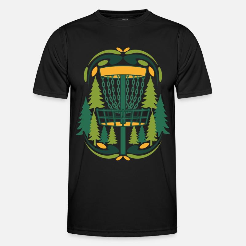 Scène du disque volant du panier de Disc Golf dans la forêt T-shirt sport Homme