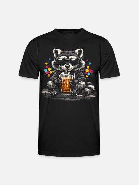 Waschbär Trinkt Eiskaffee Süß Niedlich - Männer Funktions-T-Shirt - Schwarz
