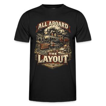 Modelleisenbahn Eisenbahn All Aboard The Layout - Männer Funktions-T-Shirt - Schwarz - Vorne - AI Model Male 178 dark (178cm)