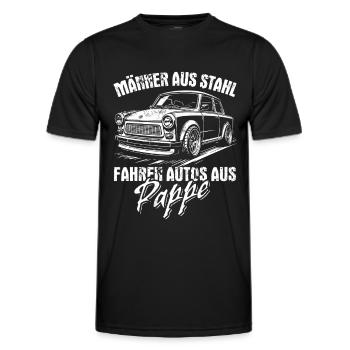 Trabi | Männer aus Stahl - Auto aus Pappe - Männer Funktions-T-Shirt - Schwarz - Vorne - AI Model Male 178 dark (178cm)