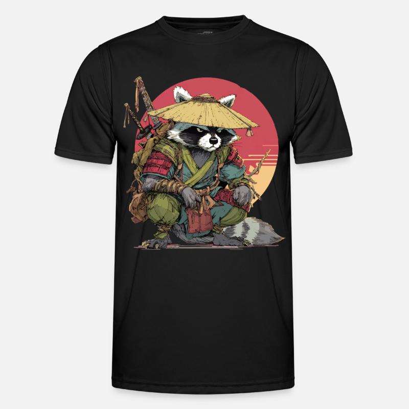 Raccoon Samurai with Straw Hat - Men's Functional T-Shirt - black