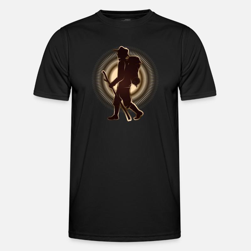 Pilger oder Wanderer mit Wanderstab & Rucksack - Männer Funktions-T-Shirt - Schwarz