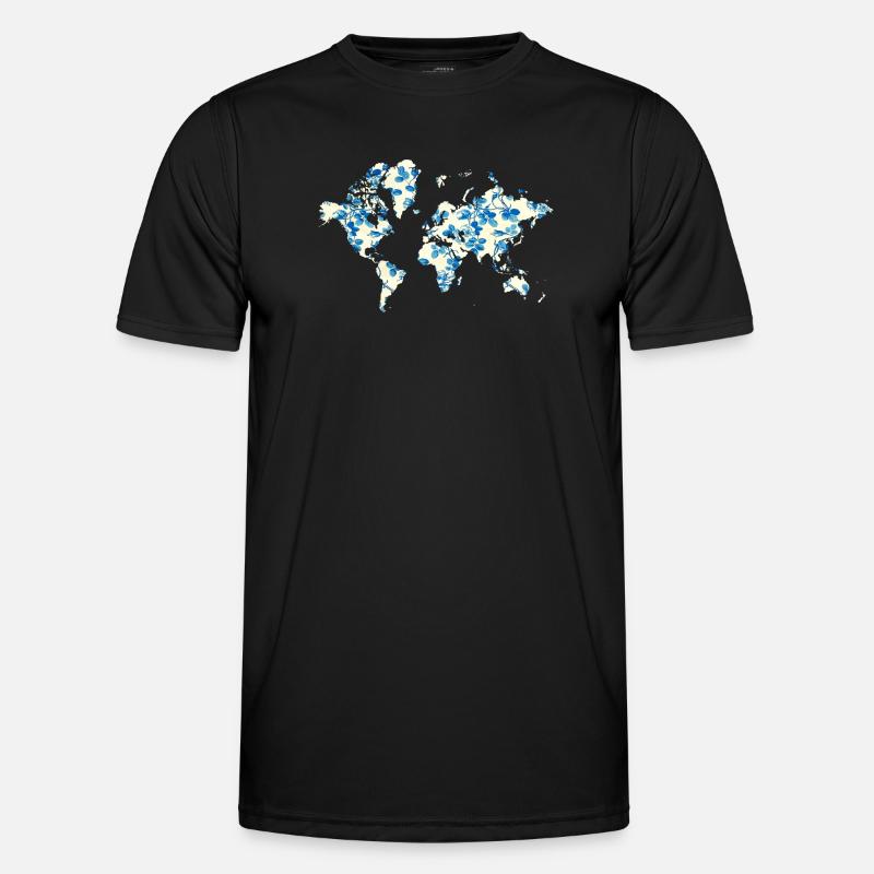 World Map Blue Flowers - Men's Functional T-Shirt - black