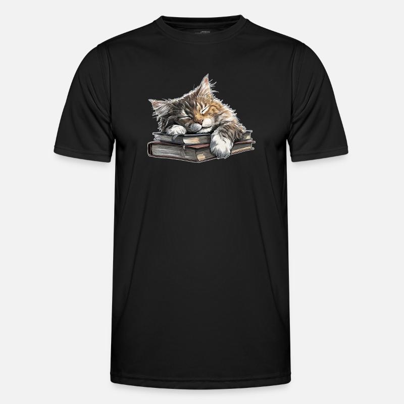 Süße Katze schläft auf Bücherstapel - Männer Funktions-T-Shirt - Schwarz