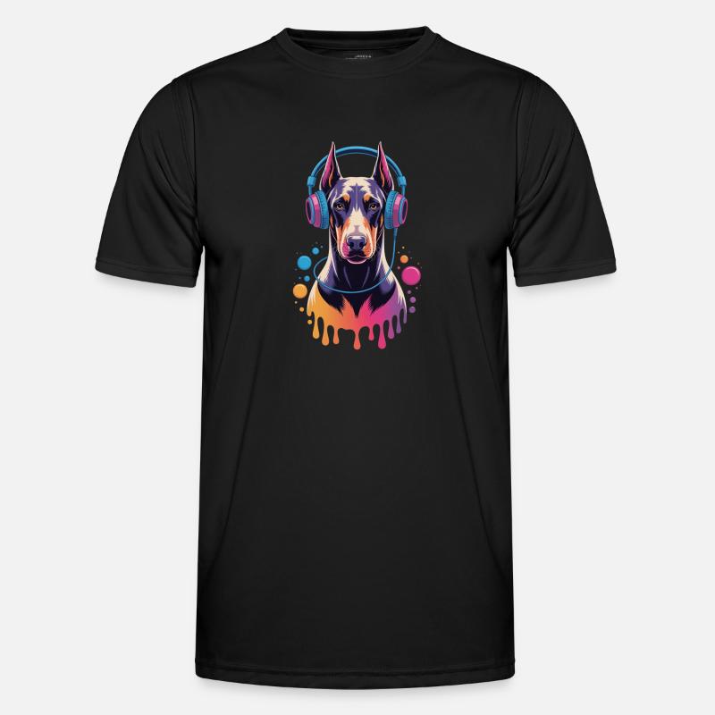 Dobermann mit Kopfhörern - Männer Funktions-T-Shirt - Schwarz