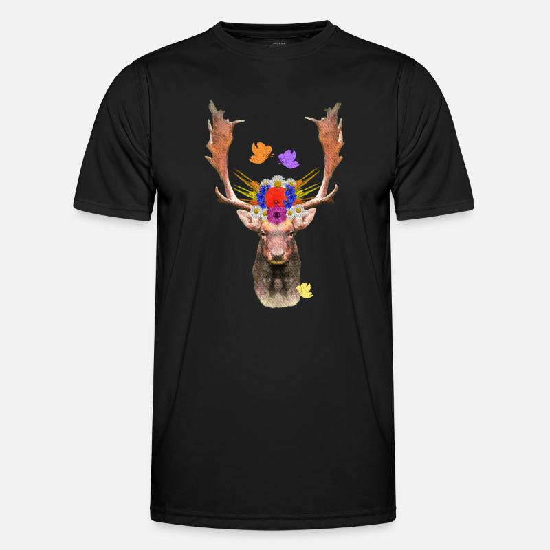 blumenmuster, hirschkopf, waldtiere Männer Funktions-T-Shirt