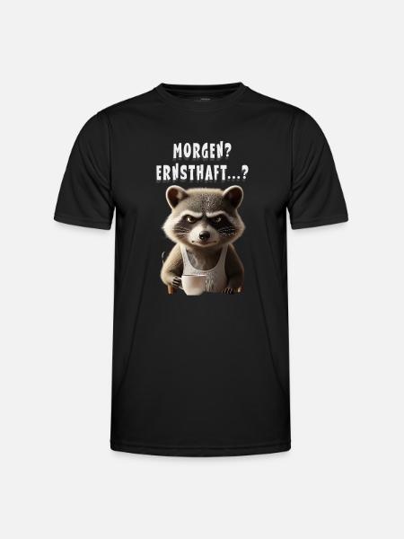 Grumpy raccoon with coffee saying morning grouch - Men's Functional T-Shirt - black