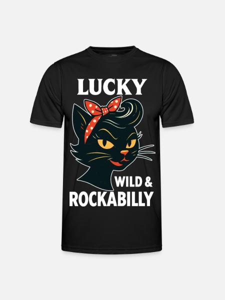 Lucky, Wild & Rockabilly : Black Retro Cat - T-shirt sport Homme - noir