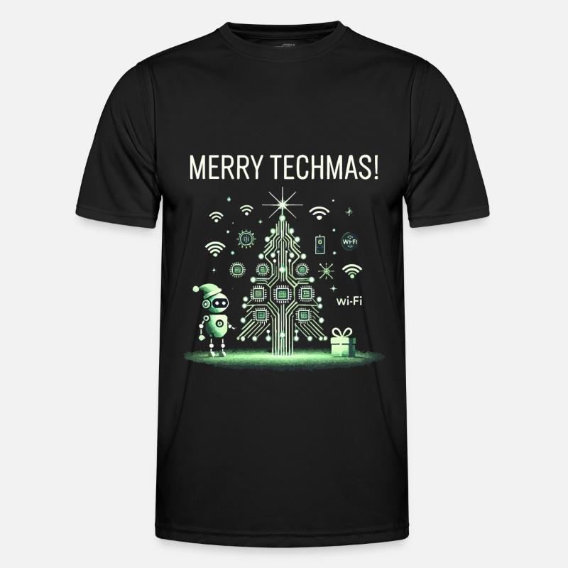 Merry Techmas - Robot and Circuit Christmas Tree - Men's Functional T-Shirt - black