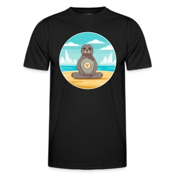 Phoque Dessin Animé Yoga Plage Été Illustration - T-shirt sport Homme - noir - Devant - AI Model Male 178 dark (178cm)