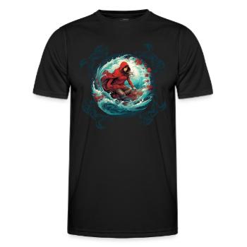 Le Petit Chaperon Rouge surfant sur planche de surf, loup sur vague - T-shirt sport Homme - noir - Devant - AI Model Male 178 dark (178cm)