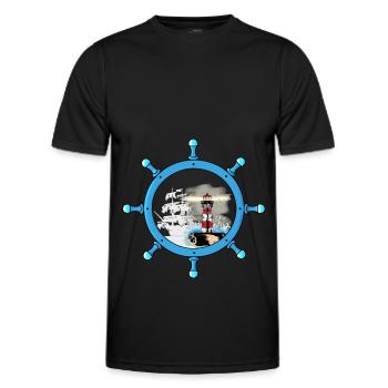 Steering Wheel Ghost Ship Lighthouse Maritime Coast - Men's Functional T-Shirt - black - Front - AI Model Male 178 dark (178cm)