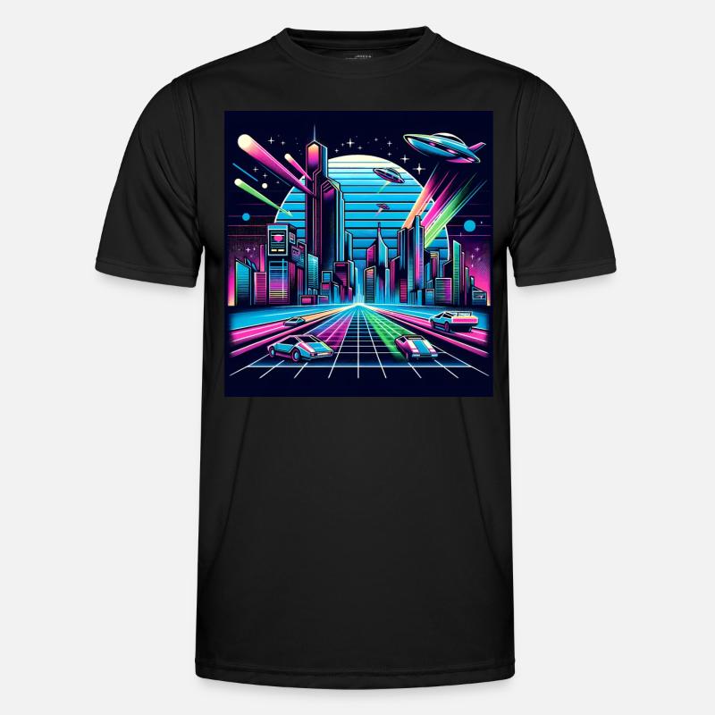 Synthwave City with UFOs - Men's Functional T-Shirt - black